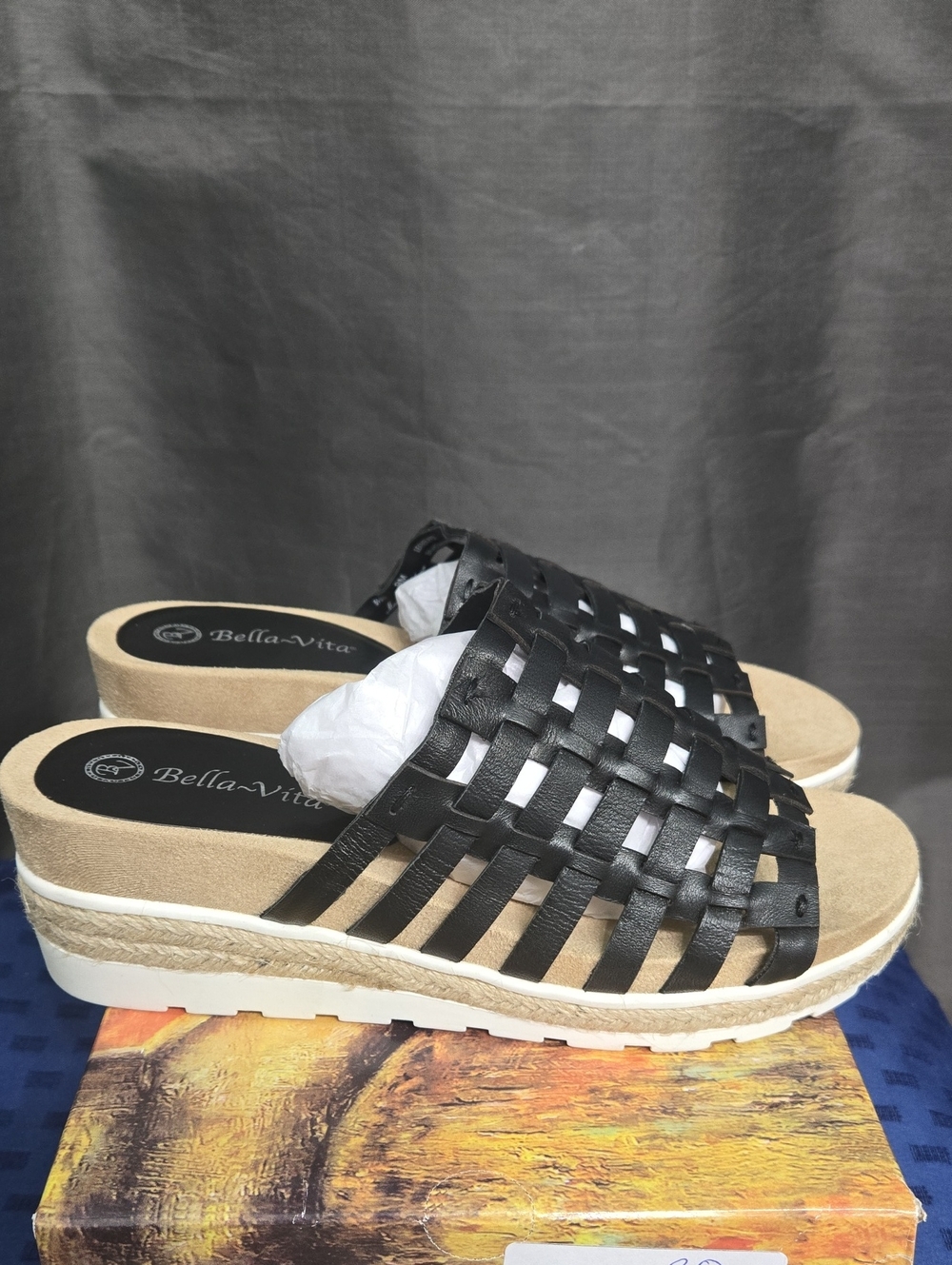 Bella Vita Black Woven Slide Wedge Mules with Espadrille Trim